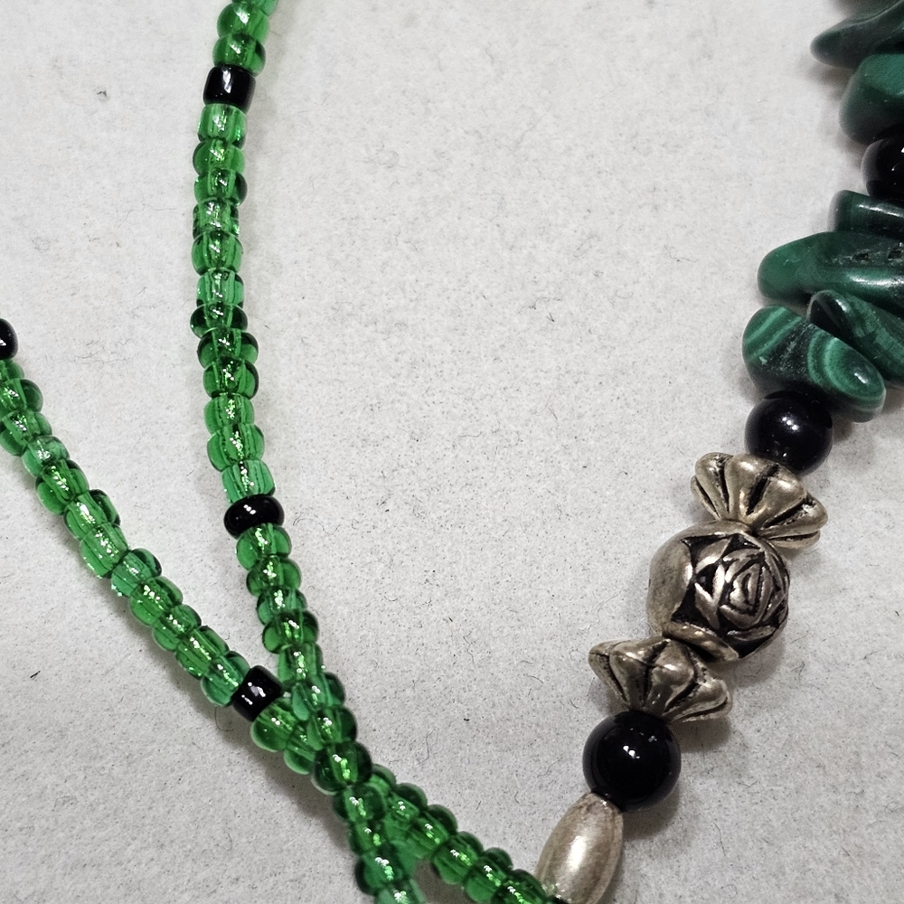 Malachite Necklace with Onyx, Glass, and Silver Beads - Picture 7 of 15